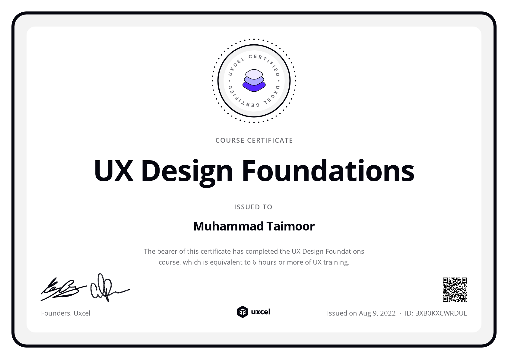 Muhammad Taimoor's certificate